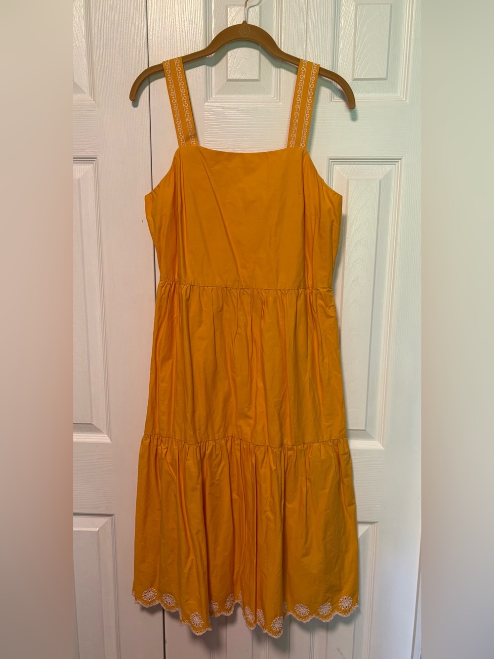J Crew Happy Yellow Sundress with Tiered Skirt Embroidered Scalloped Hemline